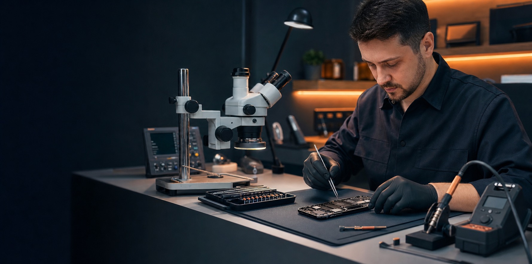 Técnico especialista realizando reparo em smartphone
