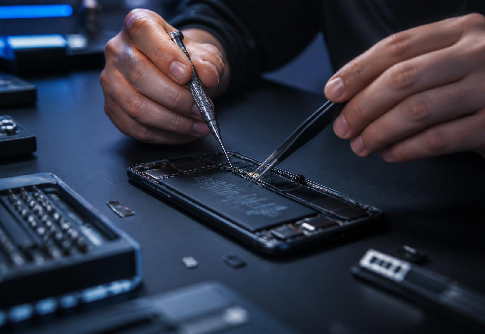 Técnico especialista realizando reparo em smartphone